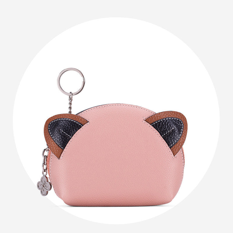 Cutest Women Pink Leather Cat Coin Wallet Small Keychain with Wallet Card Change Wallet For Women