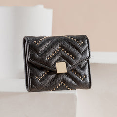 Cute Womens Black Leather Small Wallet with Rivets Billfold Slim Small Wallet For Women
