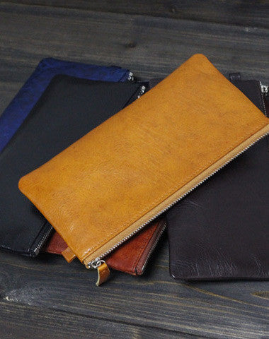 Handmade Men long leather wallet men vintage brown coffee blue wallet for him