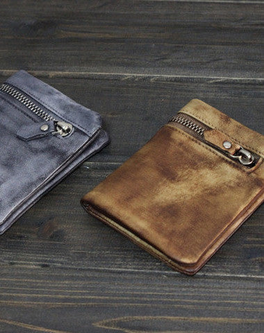 Handmade Men leather small wallet men vintage brown gray billfold wallet for him - EverHandmade