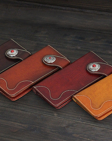 Handmade Men long leather wallet men vintage tan brown coffee wine wallet for him - EverHandmade