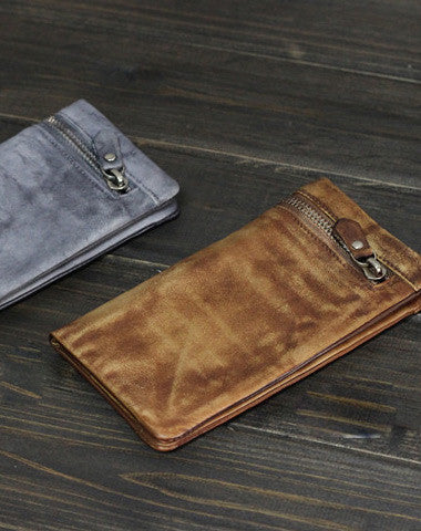 Handmade Men long leather wallet clutch men vintage gray brown wallet for him - EverHandmade