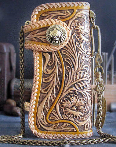 Handmade beige brown leather floral carved biker wallet Long wallet clutch for men - EverHandmade