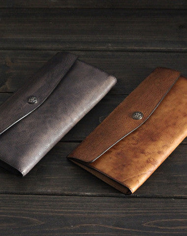 Vintage Men long leather wallet men multi card slots vintage brown wallet for him - EverHandmade