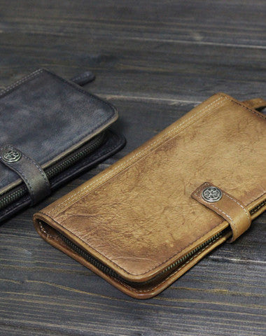 Cool Mens long leather wallets Vintage Long Wallets for Men Trifold Wallet - EverHandmade