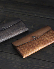 Handmade Mens long leather wallet multi card slots vintage brown gray wallet for men