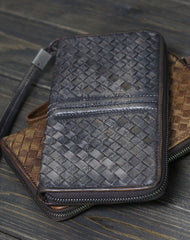 Handmade Men long leather wallet clutch men braided vintage gray brown wallet for him - EverHandmade