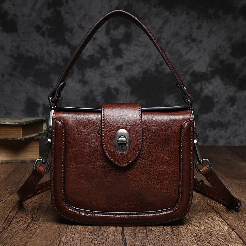 Vintage Womens Leather Black Small Handbag Shoulder Bag Purse Brown Ha