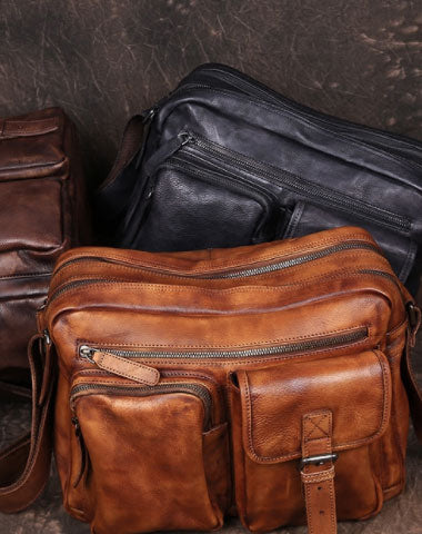 Cool Small Leather Mens Messenger Bag Brown Courier Bag Side Bag Postman Bag for men - EverHandmade