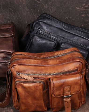 Cool Small Leather Mens Messenger Bag Brown Courier Bag Side Bag Postman Bag for men