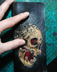 Handmade Long  leather wallet men skull tooled carved long wallet for him