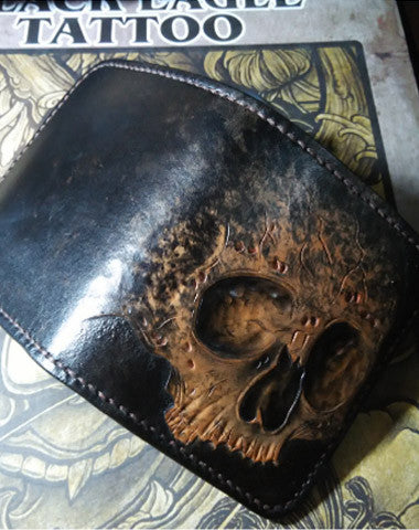 Handmade skull small leather wallet men tooled cool billfold wallet for him - EverHandmade