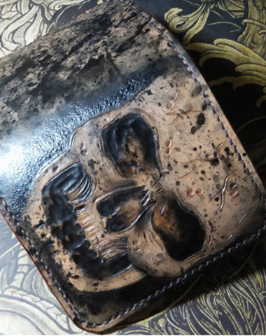 Handmade billfold leather wallet men skull tooled carved billfold wallet for him