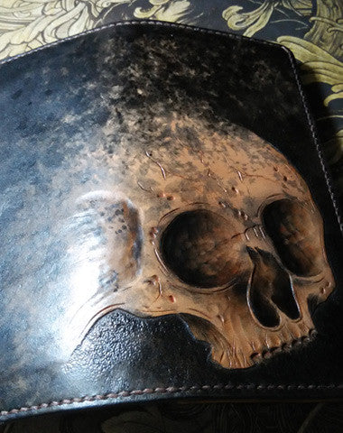 Handmade Long leather wallet men skull tooled carved long wallet for him - EverHandmade