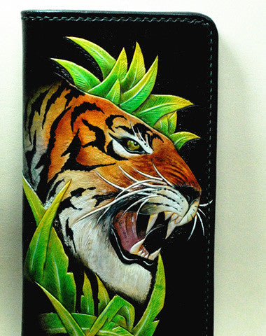 Handmade Long leather wallet men tiger black tooled carved long wallet for him - EverHandmade