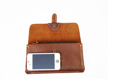 Handmade brown vintage minimalist leather phone clutch long zip wallet for men