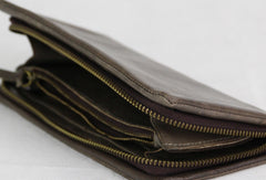 Handmade black gray vintage minimalist leather phone clutch long zip wallet for men