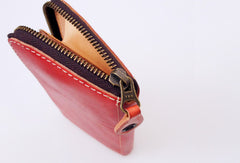 Handmade red vintage minimalist zip leather phone clutch long wallet for women