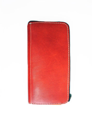 Handmade red vintage minimalist zip leather phone clutch long wallet for women