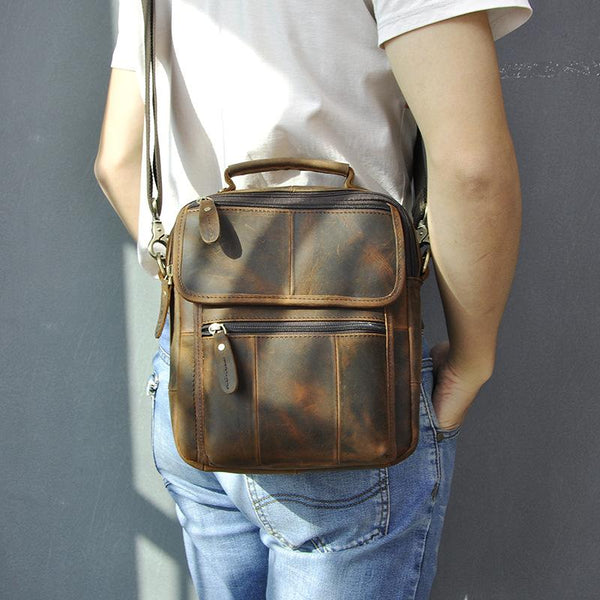 Dark Brown LEATHER MENS Vertical SHOULDER BAG - Back View