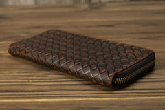 Braided Leather Long Wallet for Men Woven Bifold Long Wallet Brown Zip Cards Wallet For Men