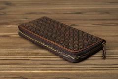 Braided Leather Long Wallet for Men Woven Bifold Long Wallet Brown Zip Cards Wallet For Men