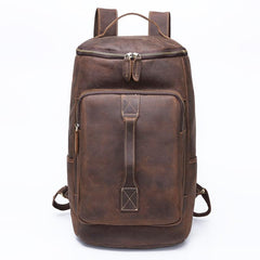 Dark Coffee Bucket Leather Men's 14 inches Large College Backpack Barrel Travel Backpack For Men