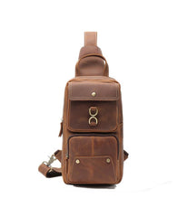 Brown Leather Men's Sling Bag Brown Sling Pack Chest Bags One Shoulder Backpack For Men