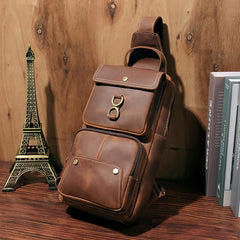 Brown Leather Men's Sling Bag Brown Sling Pack Chest Bags One Shoulder Backpack For Men