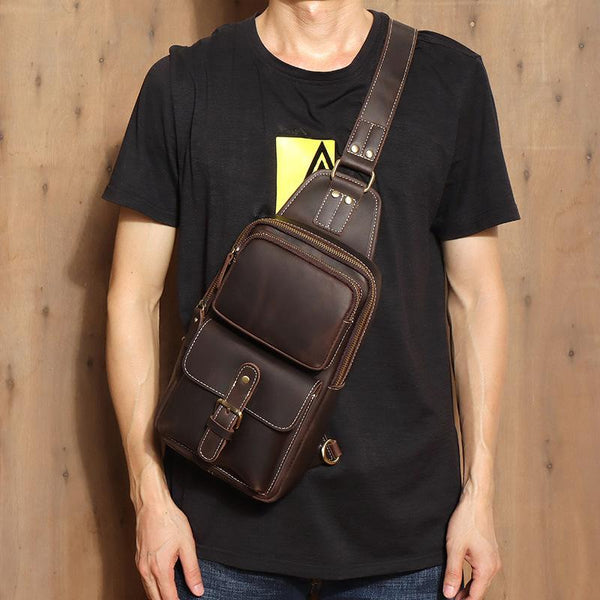 Brown Leather Men's Sling Bags Best Sling - Back View