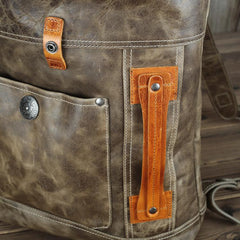 Mens Leather 14 inches Large School Laptop Backpack Rollup Khaki Brown Travel Backpacks for Men