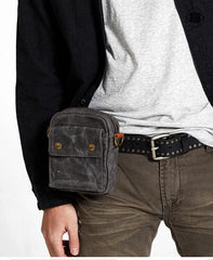 Gray Cool Canvas Mens Mini Vertical Waist Bag Belt Pouch Messenger Bags Side Bag for Men