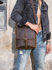 Dark Brown Casual Leather Mens 10 inches Vertical Side Bag Postman Bag Brown Messenger Bag Courier Bag for Men
