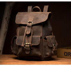Casual Dark Brown Leather Mens 12 inches Laptop Backpack Leather school Backpack for Men