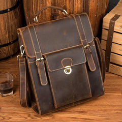 Casual Brown Leather Mens 14 inches School Backpacks Shoulder Briefcase Computer Backpack for Men