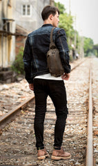 Casual Dark Brown Leather Mens One Shoulder Backpacks Sling Bags Chest Bags for Men
