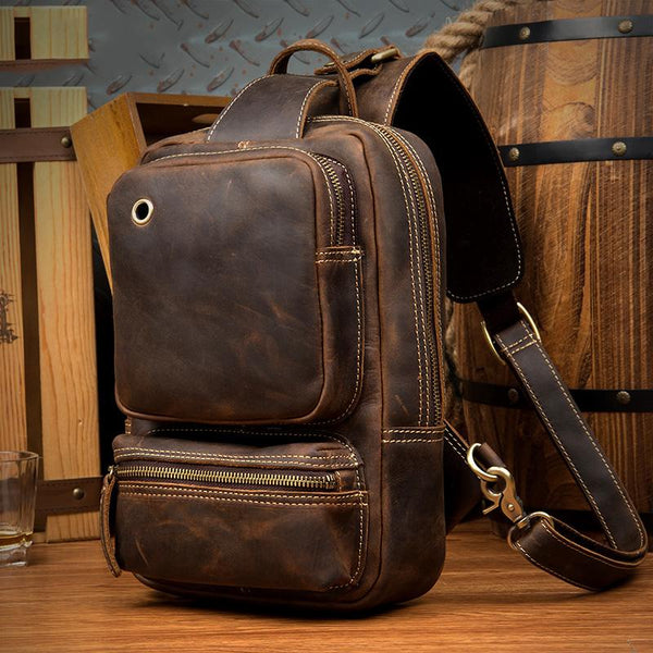 Casual Brown Mens Leather Large Sling Bag - Back View