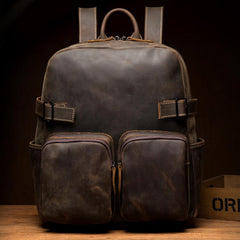 Casual Brown Mens Leather 14-inch Computer Backpacks Coffee Travel Backpack School Backpacks for men