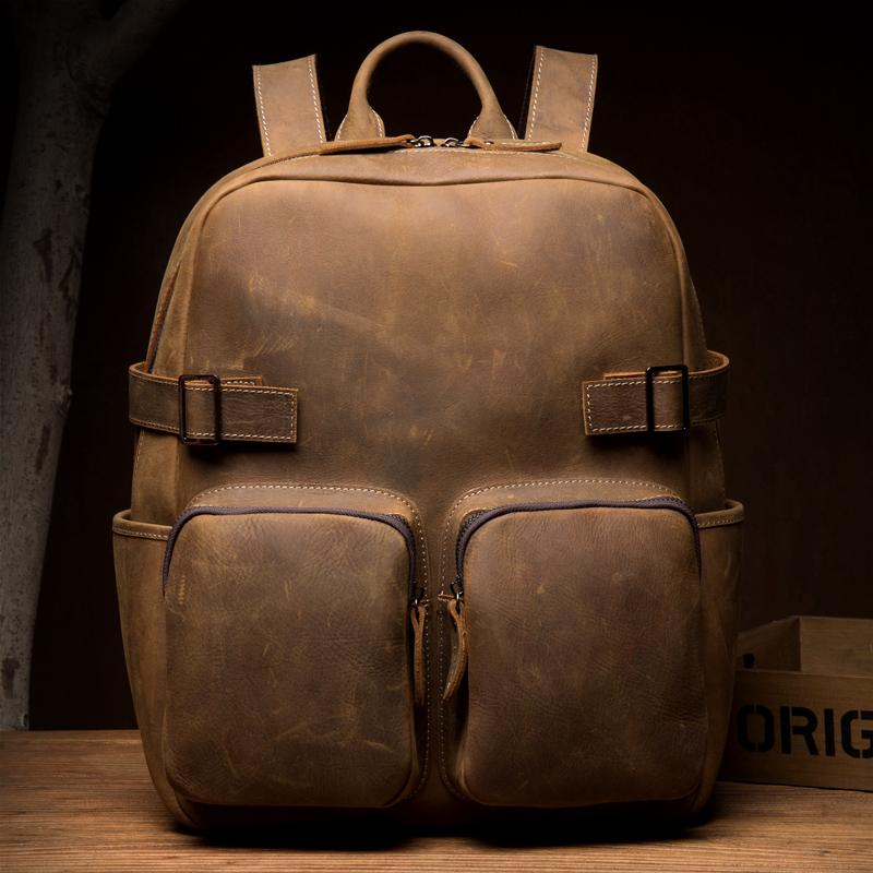 Casual Brown Mens Leather 14-inch Computer Backpacks Coffee Travel Backpack School Backpacks for men