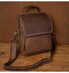 Dark Brown Leather 10 inches Vertical Messenger Bag Cool Side Bag Courier Bag Postman Bag for Men