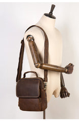Dark Brown Leather 10 inches Vertical Messenger Bag Cool Side Bag Courier Bag Postman Bag for Men