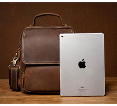Dark Brown Leather 10 inches Vertical Messenger Bag Cool Side Bag Courier Bag Postman Bag for Men