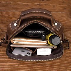 Dark Brown Leather 10 inches Vertical Messenger Bag Cool Side Bag Courier Bag Postman Bag for Men