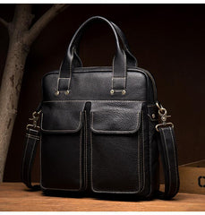 Fashion Black Leather 12 inches Vertical Briefcase Work Shoulder Bag Black Messenger Bag Computer Work Bag for Men