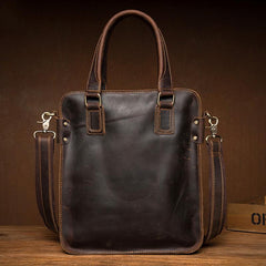 Vintage Dark Brown Leather 12 inches Veritcal Briefcase Work Bag Messenger Bags Handbag for Men
