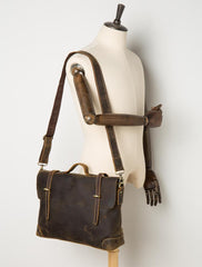 Vintage Dark Brown Leather 15 inches Briefcase Messenger Bags Work Side Bags for Men