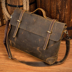 Vintage Dark Brown Leather 15 inches Briefcase Messenger Bags Work Side Bags for Men