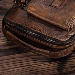 Dark Brown Leather Small Zipper Messenger Bag Vertical Side Bag Brown Courier Bag For Men