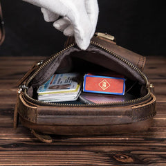Dark Brown Leather Small Zipper Messenger Bag Vertical Side Bag Brown Courier Bag For Men