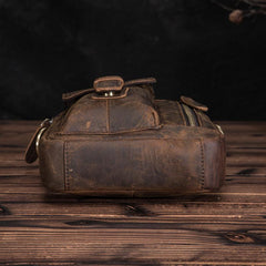 Dark Brown Leather Small Zipper Messenger Bag Vertical Side Bag Brown Courier Bag For Men